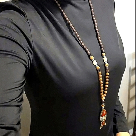 Long Sweater Necklace 20" Stone Bead Red Blue Pisces Fish Jewelry Boho Necklaces - Picture 8 of 10